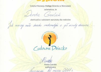 Dorota Puchlew-Grzelak: certyfikat ukończenia kursu Cudowne Dziecko