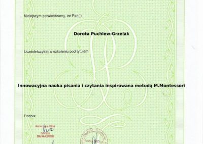 Dorota Puchlew-Grzelak: certyfikat ukończenia kursu Montessori